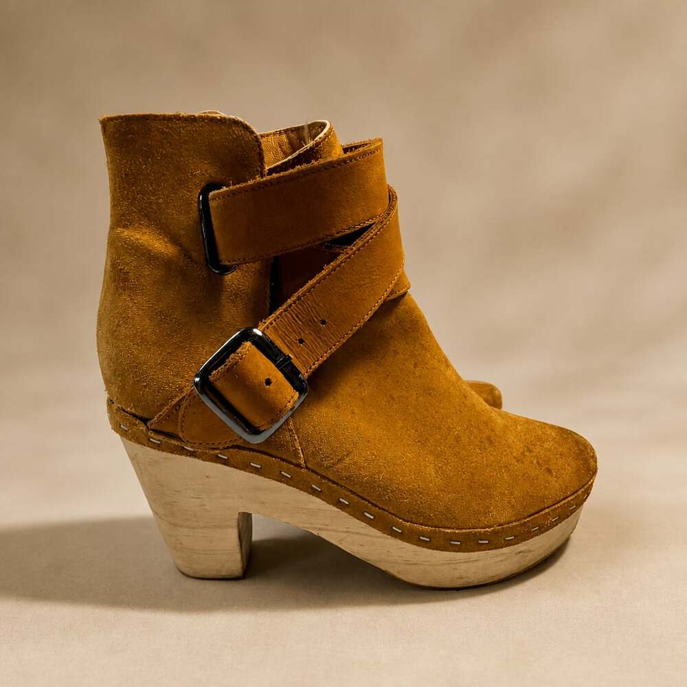 Free People Bungalow Tan Suede Leather Strappy Wooden Clog Heel Boots